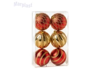 NATAL BOLA COM LOSANGO LISTRA E GOMO VRM/OUR 8CM JG C/6